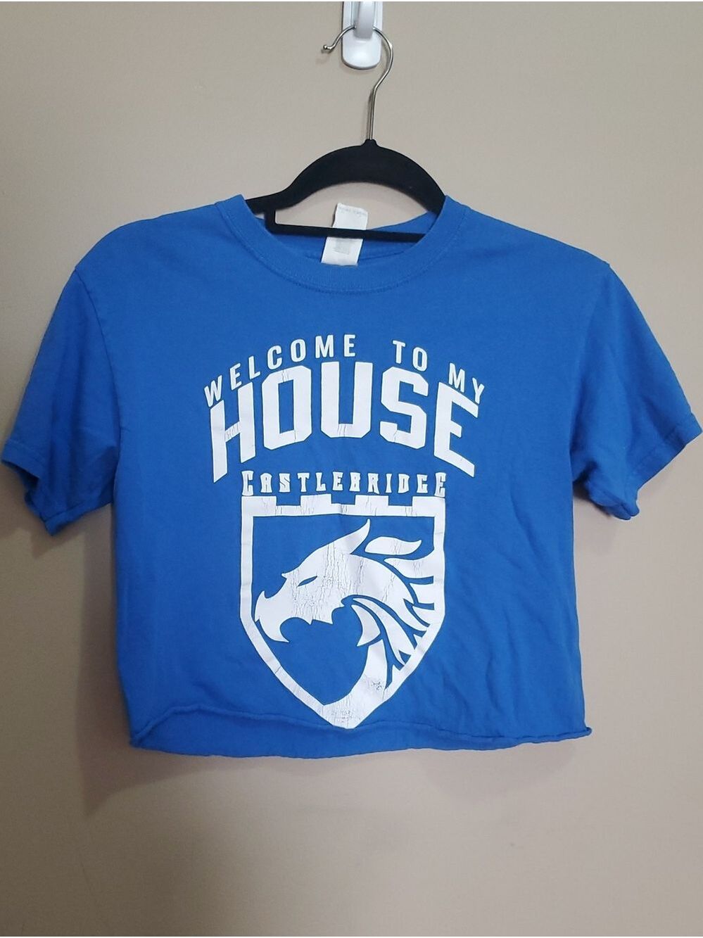 Welcome To My House Blue Graphic Crop Tee Size Medium